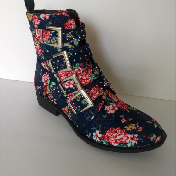 Qupid Rose Print Blue Denim Ankle Boots Buckles 5.5 - 10 - Picture 3 of 11